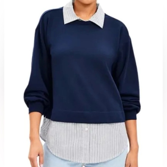 LOFT Tops - Loft Mixed Media Sweatshirt Women XS Petite Navy Striped Layered Preppy Classic
